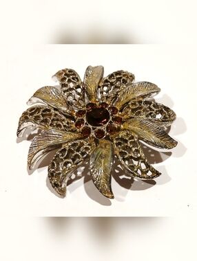Vintage Gold-Tone and Silver=Tone Floral Brooch with Amber Stones